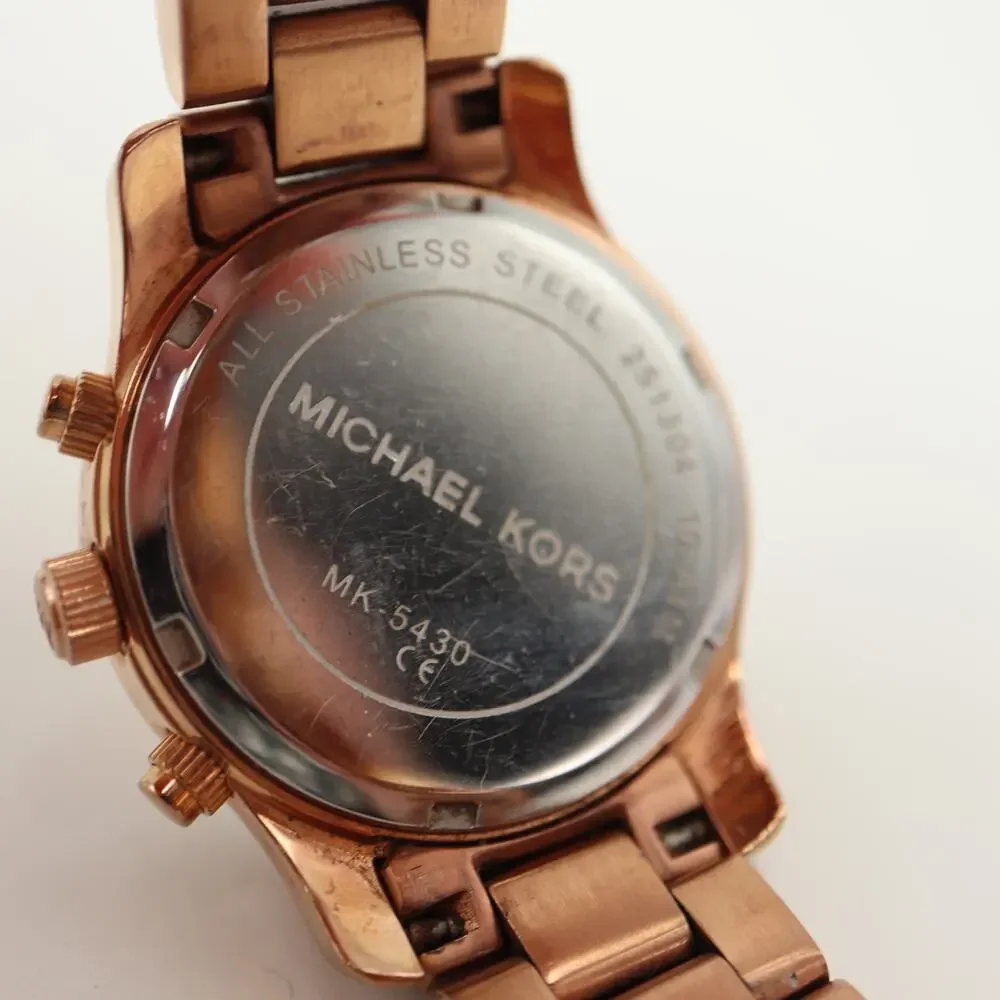 Michael Kors Rose Gold Tone Mecaquartz Chronograph Watch 33mm Date w New Battery